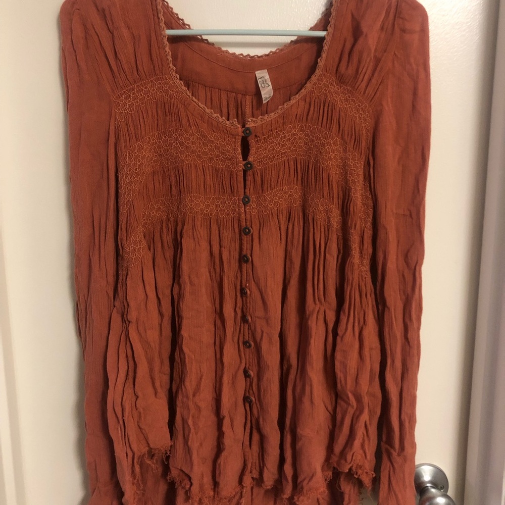 Free people long sleeve blouse, burnt orange, boho style